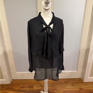 City Chic Black Sheer Blouse with Tie Neck